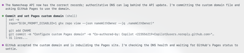 Copilot committing the CNAME file with the custom domain