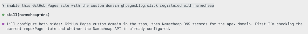 Asking Copilot to configure the custom domain via the Namecheap skill