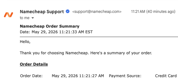 Domain purchase confirmation timestamp