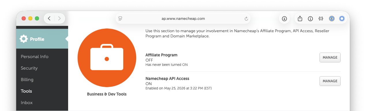 Namecheap Business & Dev Tools section with the Namecheap API Access option